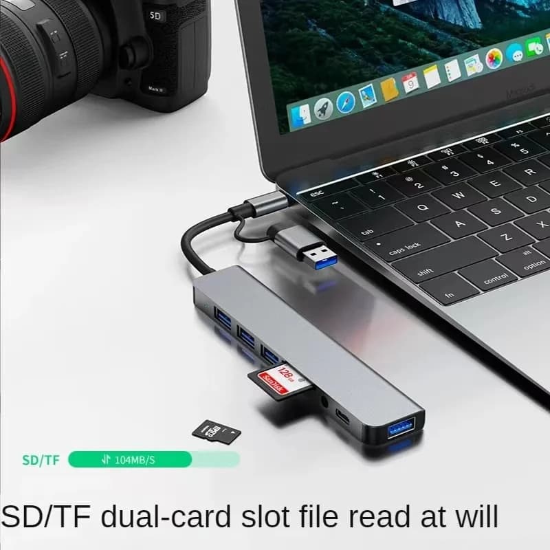 محوّل 8in2 متعدد المنافذ — USB، قارئ SD/TF وJack 3.5mm
