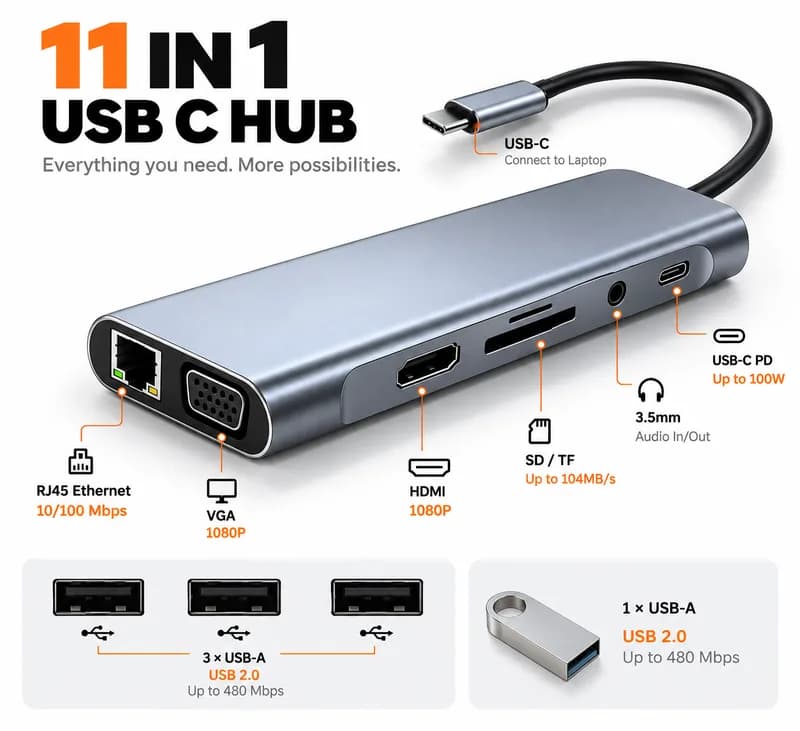 محوّل USB-C 11 في 1 — HDMI وVGA وRJ45