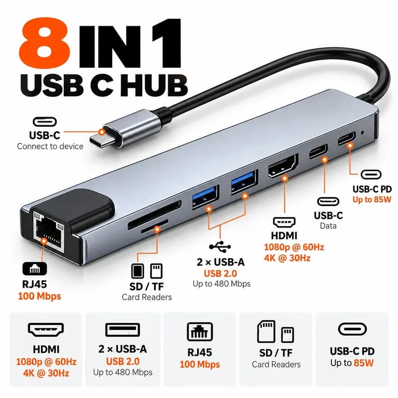 Hub USB-C multifonction — HDMI, RJ45 100 Mbps, USB et SD/TF