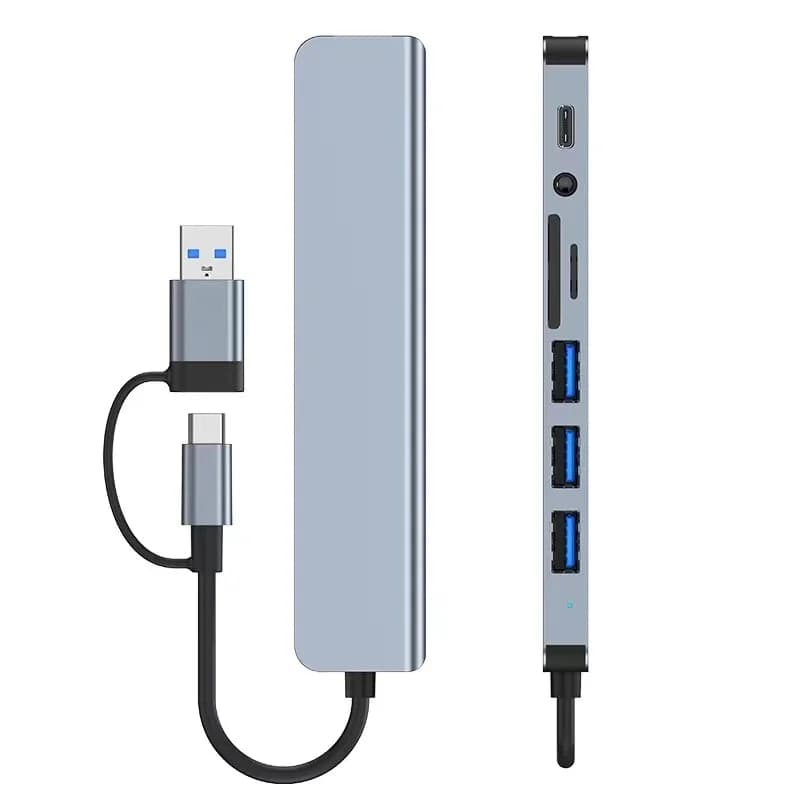 محوّل 8in2 متعدد المنافذ — USB، قارئ SD/TF وJack 3.5mm