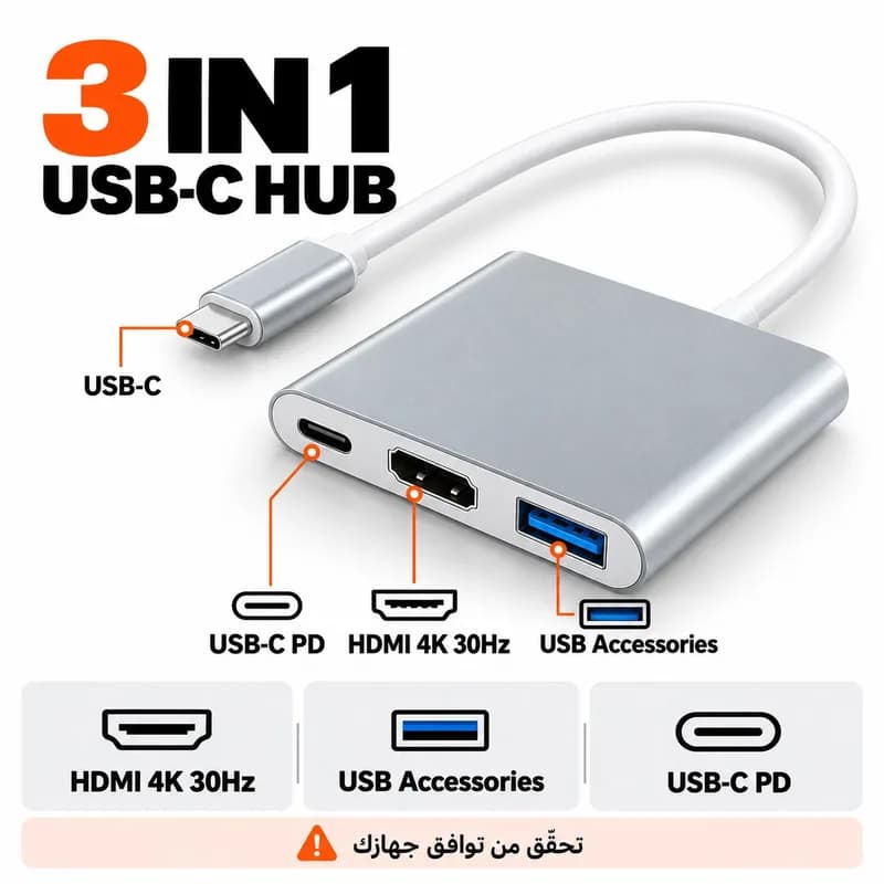 محوّل USB-C 3 في 1 — HDMI وUSB وشحن PD
