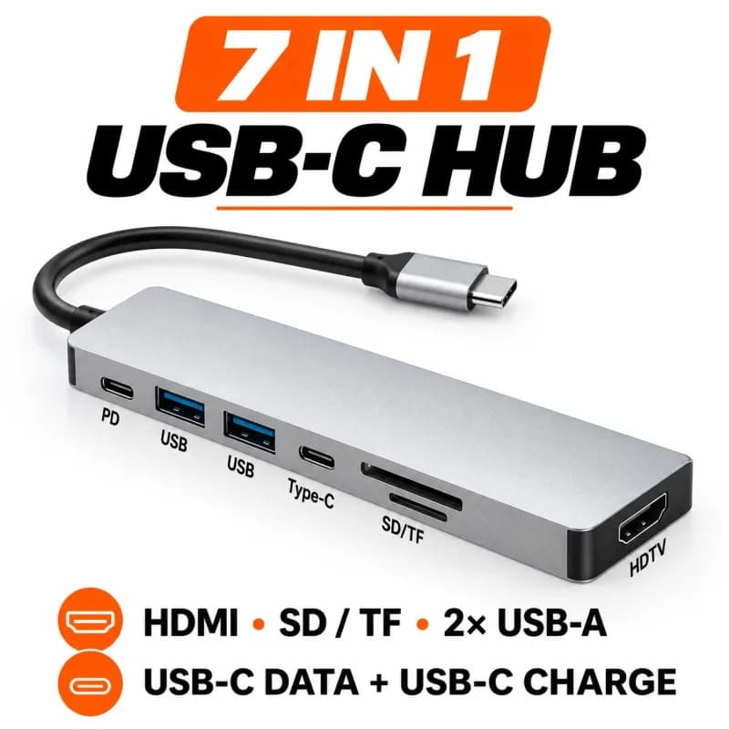 محوّل USB-C 7 في 1 — HDMI وSD/TF وUSB-C للبيانات والشحن