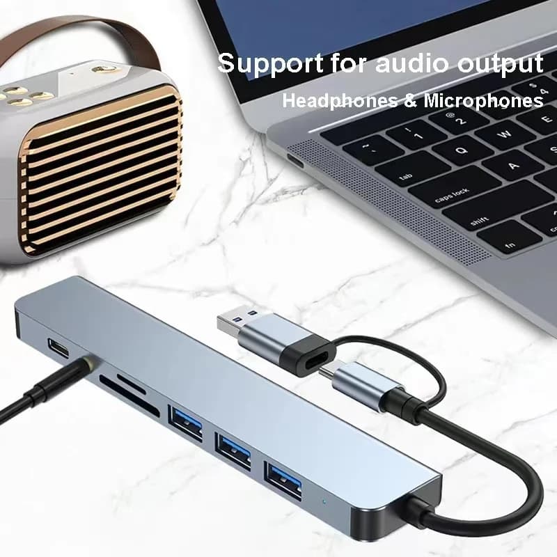 محوّل 8in2 متعدد المنافذ — USB، قارئ SD/TF وJack 3.5mm