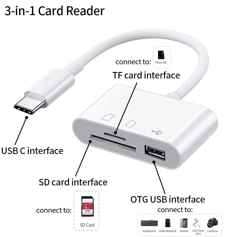 قارئ بطاقات USB-C 3 في 1 — SD وmicroSD وUSB OTG
