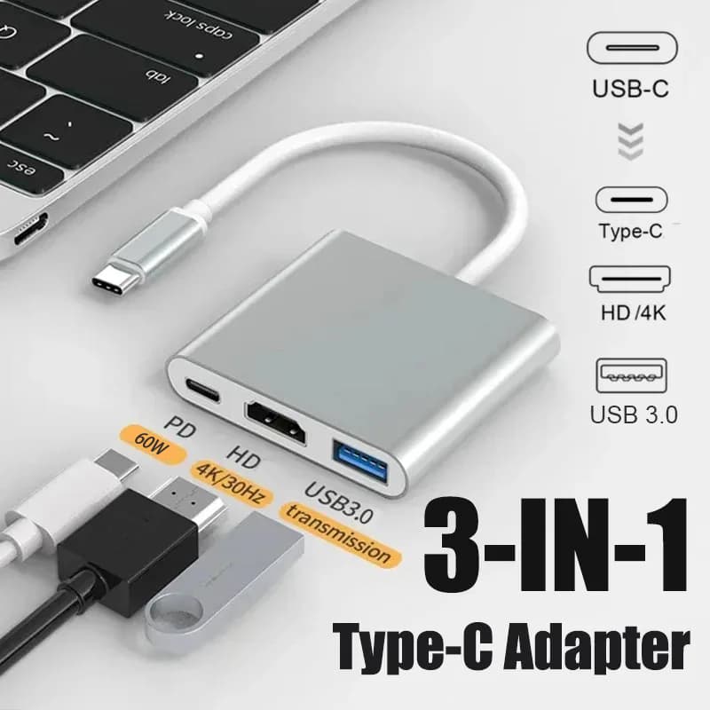 محوّل USB-C 3 في 1 — HDMI وUSB وشحن PD