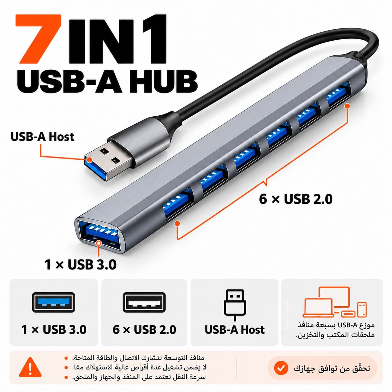 موزّع USB-A بسبعة منافذ — ملحقات المكتب والتخزين