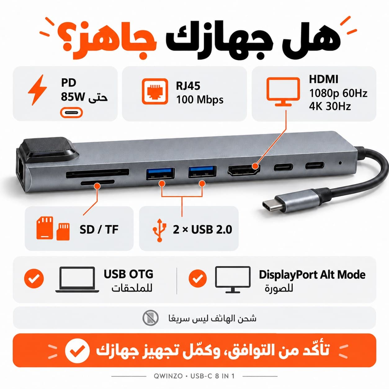 Hub USB-C multifonction — HDMI, RJ45 100 Mbps, USB et SD/TF